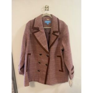 Draper James Pink Plaid Double Breasted Pea Coat Brown Trim XXL